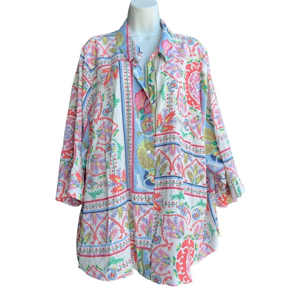 Cynthia Rowley Top Size 3X Geometric Floral Button-Up Collared Multicolor Blouse